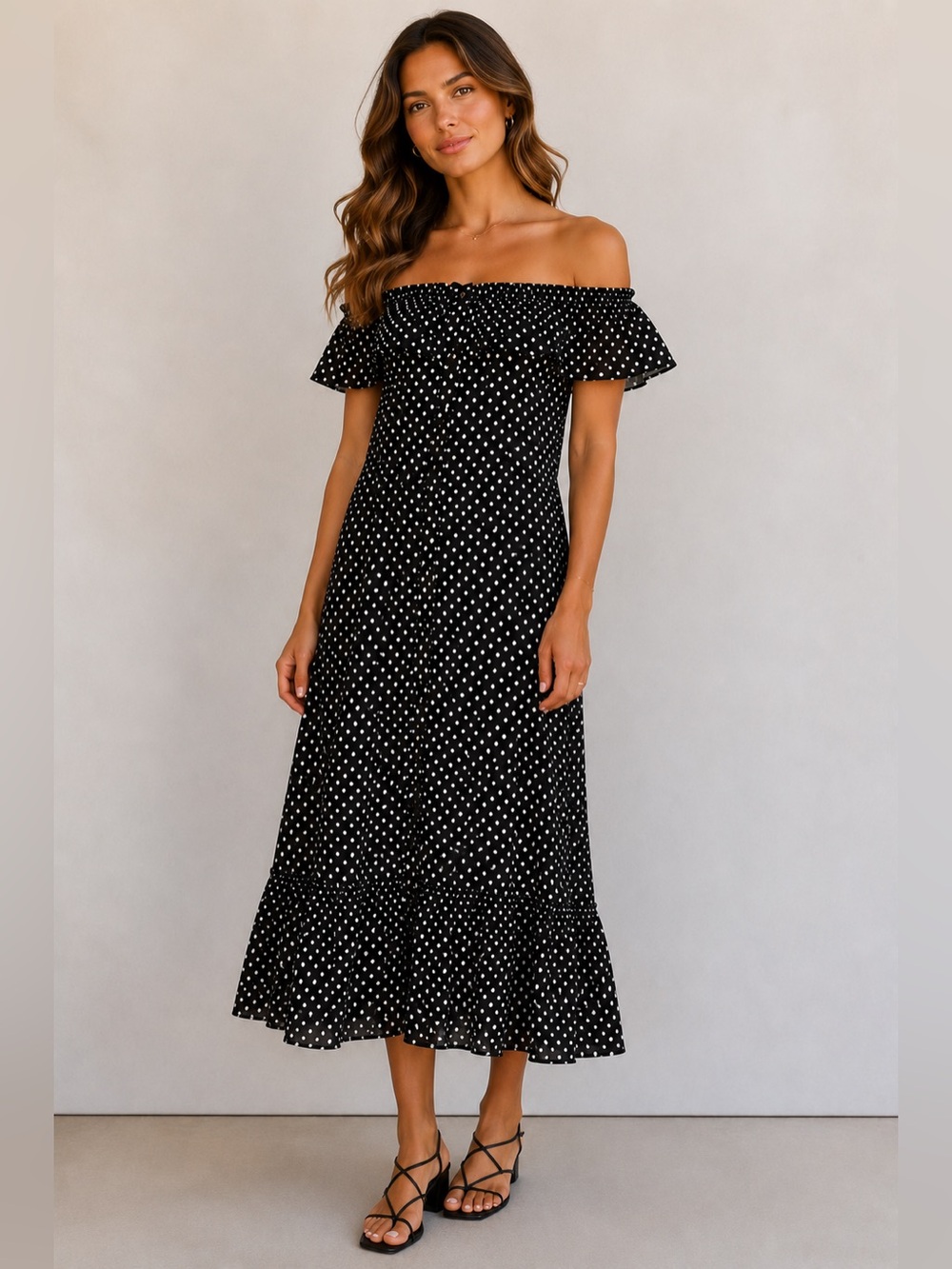 Lisa Marie Fernandez Mira 100% Cotton Polka Dot Off Shoulder Maxi Dress Size 6-8